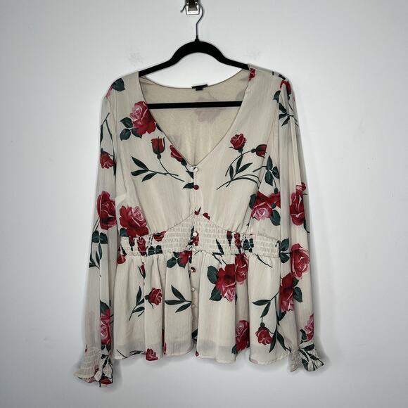 Torrid Blouse Womens 1X Cream Floral Rose V Neck Button Smocked Waist Plus Size - Picture 1 of 10